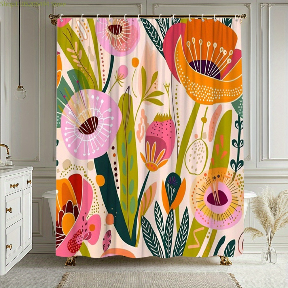 Home Bathroom Decor Ideas - ستارة حمام بنمط زهور نابض بالحياة،